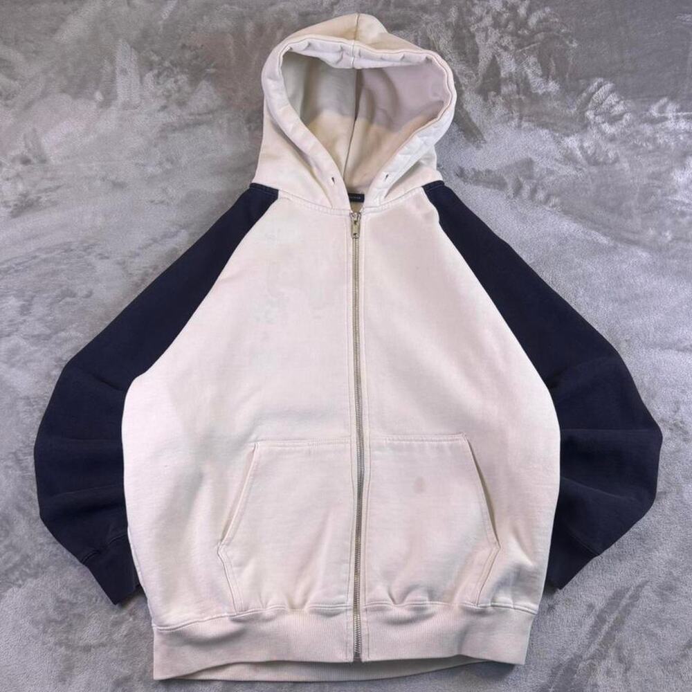 Brandy Melville Color Block Zip Up Hoodie Cream Navy One Size Distressed